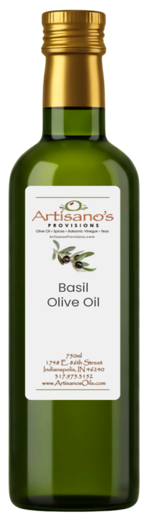 Bottle of Artisano's Pizza Olive Oil with a gold cap on a white background
