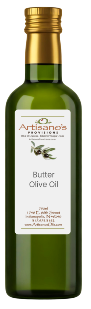 Bottle of Artisano's Pizza Olive Oil with a gold cap on a white background