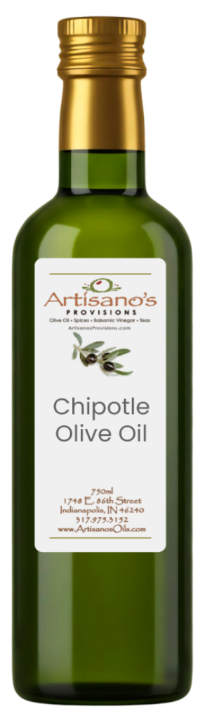 Bottle of Artisano's Pizza Olive Oil with a gold cap on a white background