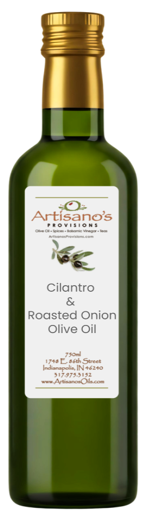Bottle of Artisano's Cilantro & Roasted Onion Olive Oil with a gold cap on a white background