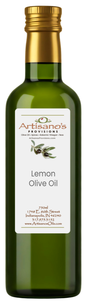 Bottle of Lemon Olive Oil from Artisano's Provisions on a white background