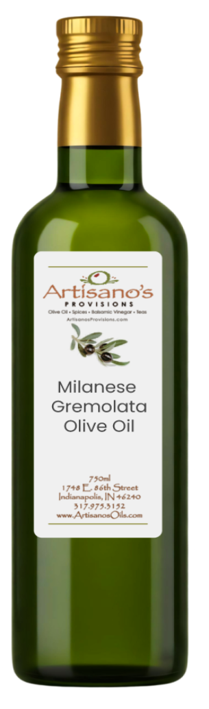 Bottle of Artisanio's Milanese Gremolata Olive Oil on a white background