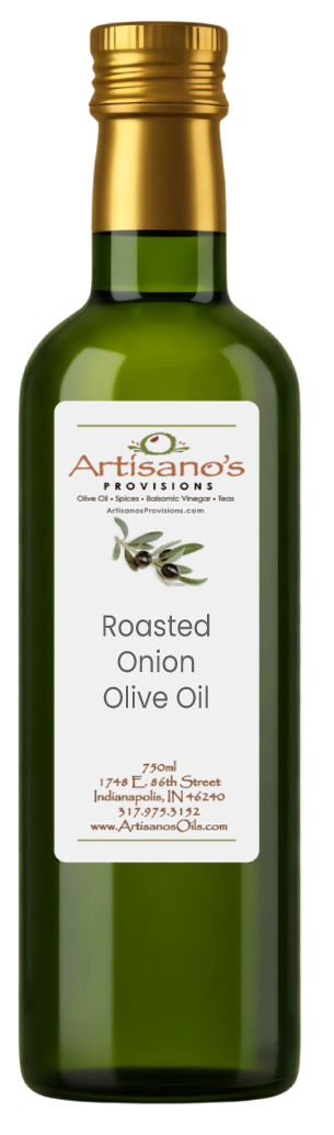 Bottle of Artisano's Roasted Onion Olive Oil on a white background