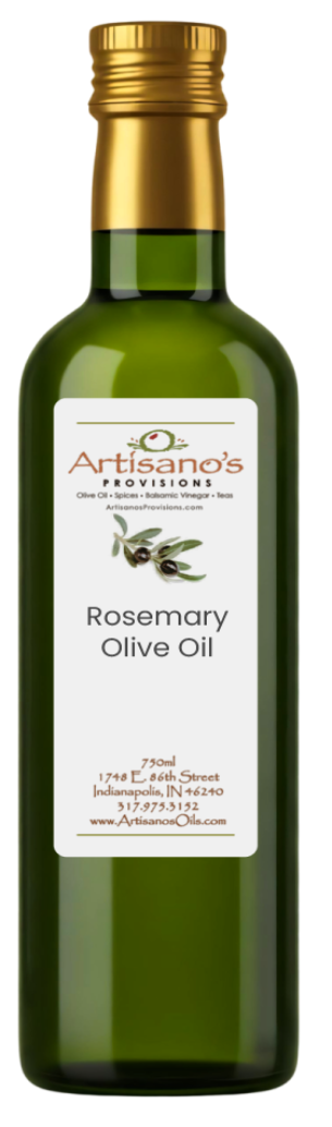 Bottle of Artisano's Provisions Rosemary Olive Oil on a white background